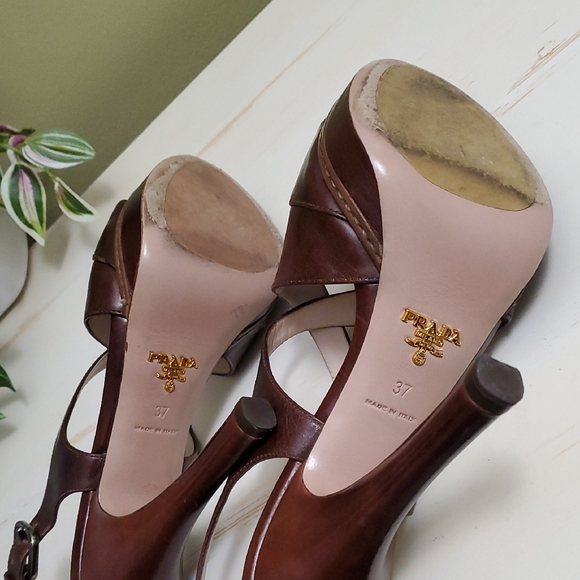 Prada | Brown Vit Shine Leather Platform Slingback Strappy Heels Sz 37 - Picture 10 of 13